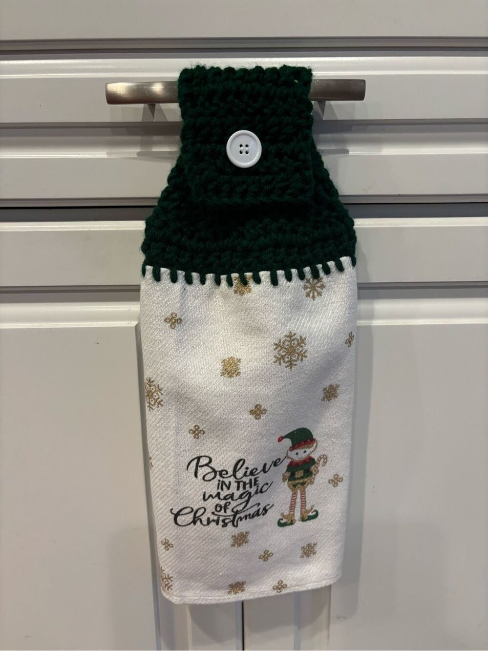 Crochet Top Kitchen Towel-Believe in Christmas. Green topper